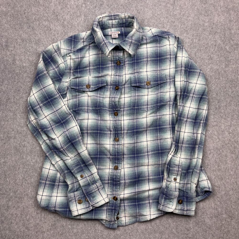 carhartt‎ button up shirt womens small blue plaid collared